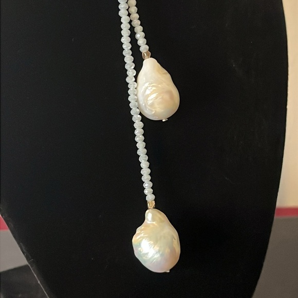 Blue Crystal Lariat Wrap Necklace with Large Organic Baroque Pearls - Picture 2 of 6